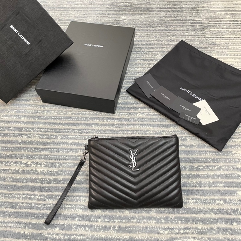 SAINT LAURENT-379039 생 로랑 블랙 퀼티드 송아지 가죽 은장 모노그램 파우치