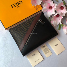 FENDI-7VA491 펜디 블랙/브라운 송아지 가죽 더블 F 디테일 플랫 파우치