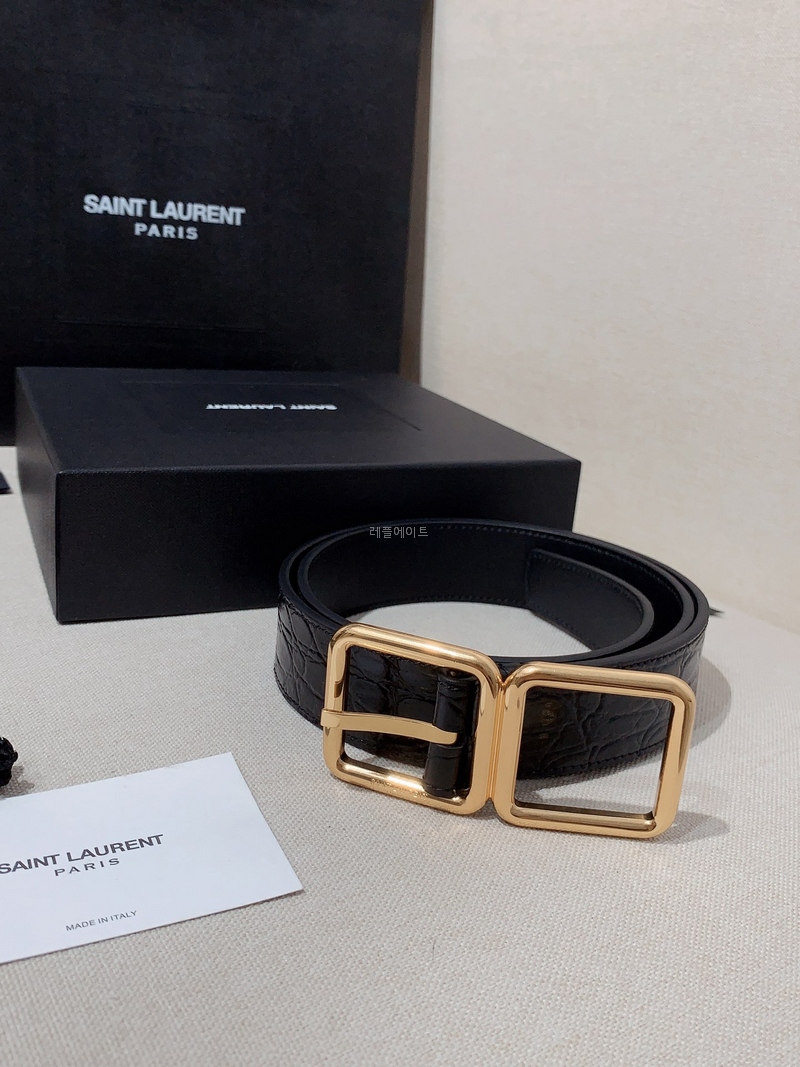 YSL - 입생로랑 6698651ZQ0J1000 크로커다일 엠보스드 가죽 더블 버클 벨트 3.0CM